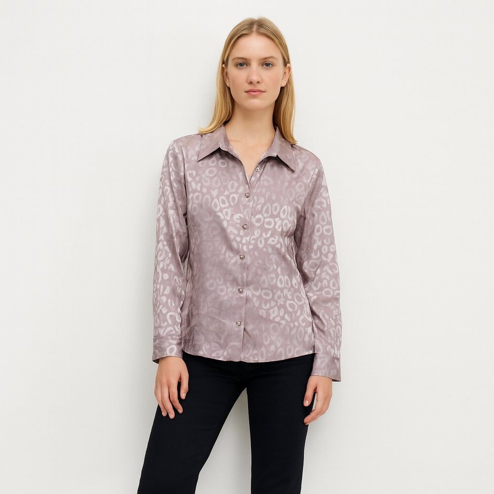 2/$30 SHEIN Silky Leopard Print Pearl Button Shirt Mauve Medium #1546